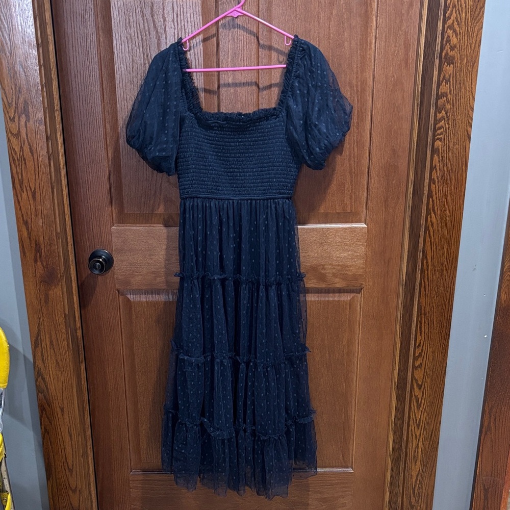 Blu Pepper Blue Puff Sleeve Tiered Mesh Dress